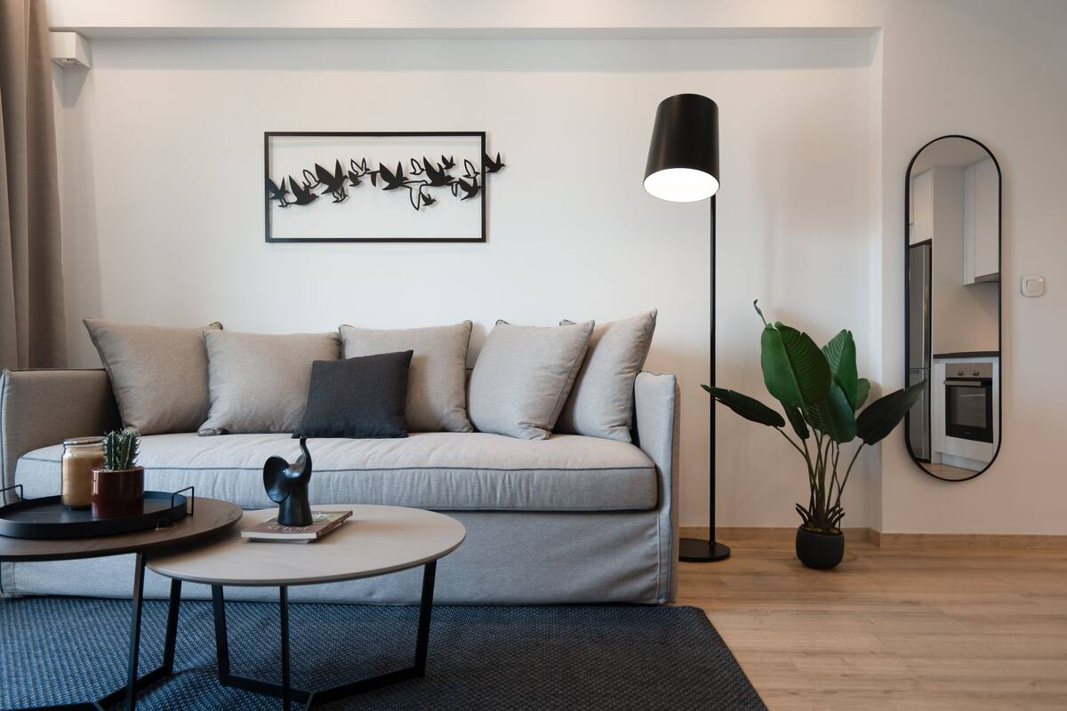 Un salon moderne avec un canapé, une table basse et une plante en pot.