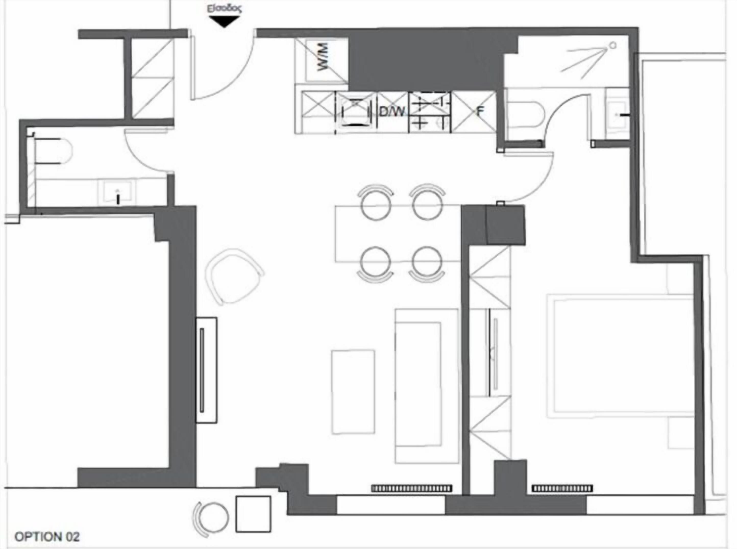 A floor plan with a kitchen, dining area, and a large living room.