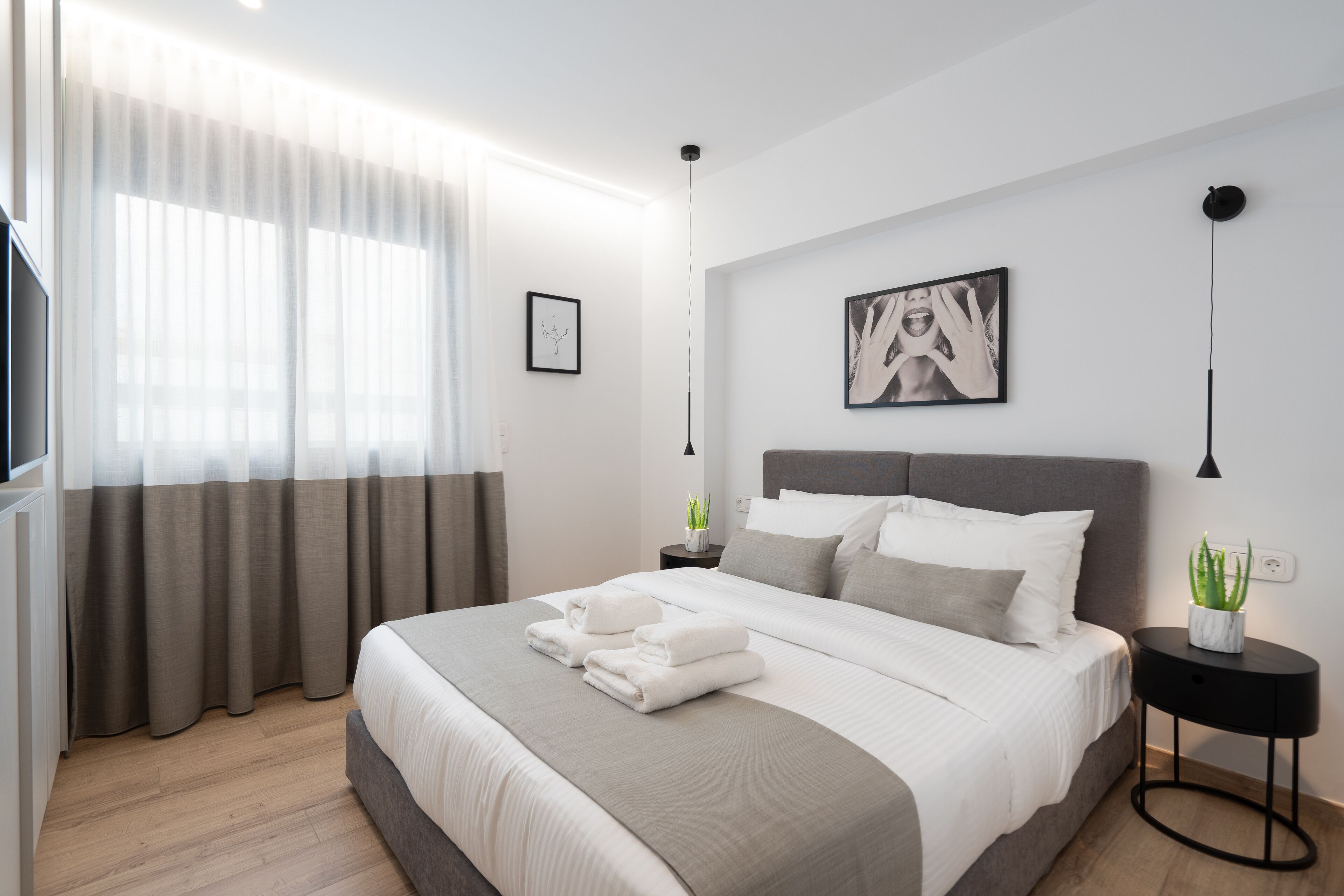 A modern bedroom with a large bed, a bedside table with a plant, and a wall-mounted artwork.