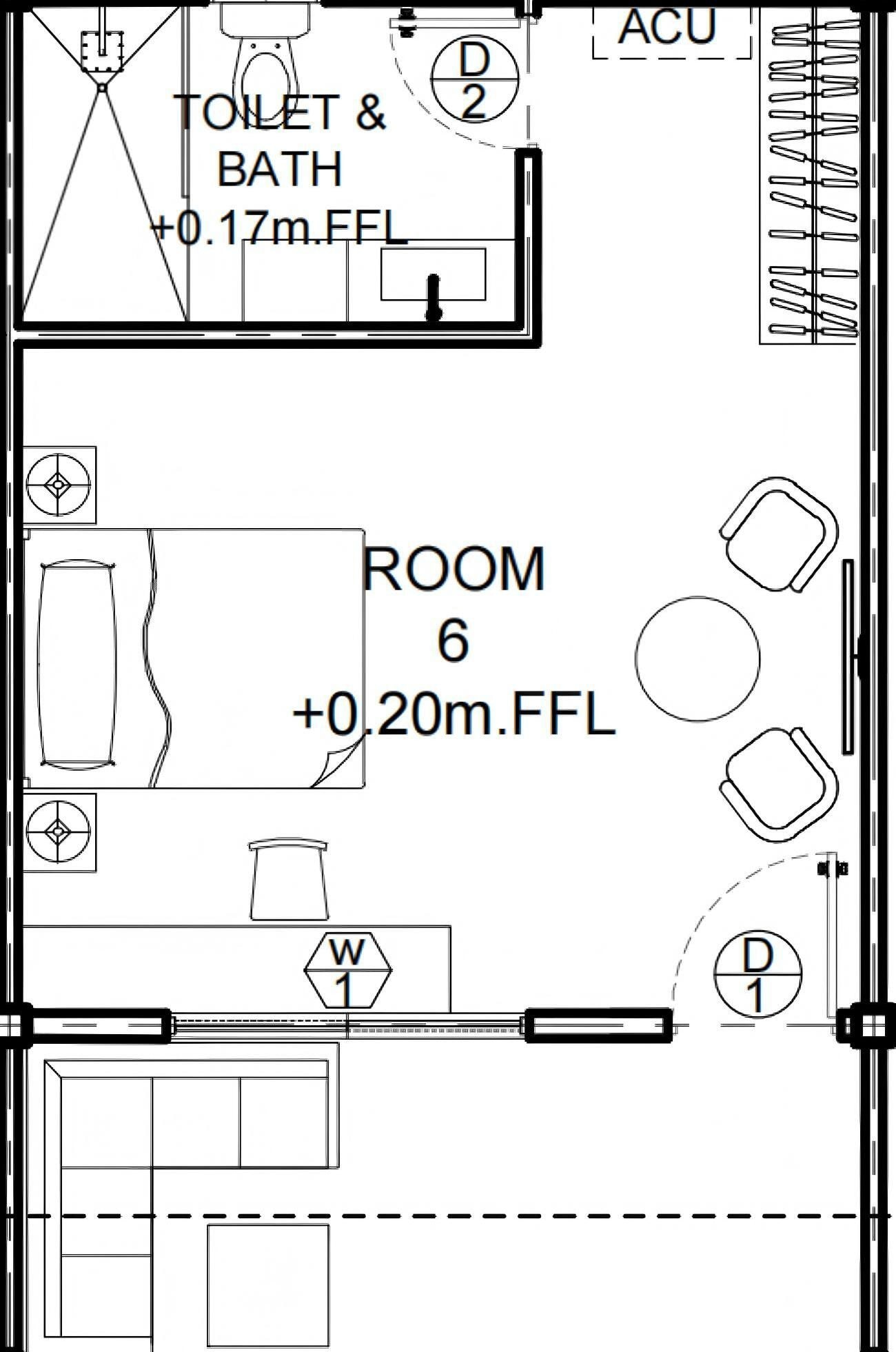 Un plan d’étage comprenant des toilettes et une salle de bain, une pièce étiquetée « CHAMBRE 6 », et un lit.
