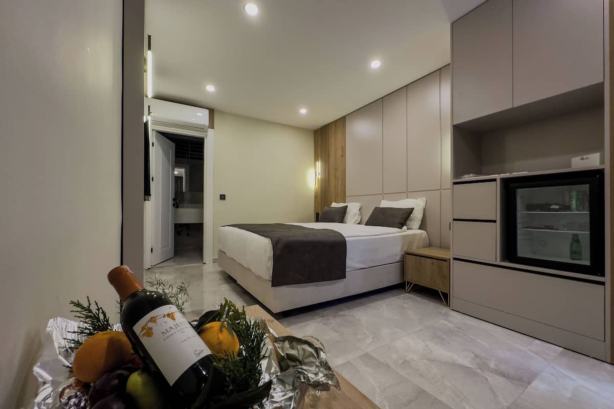 basic double room, patio, garden area | 1 bedroom, free minibar items, in-room safe, desk