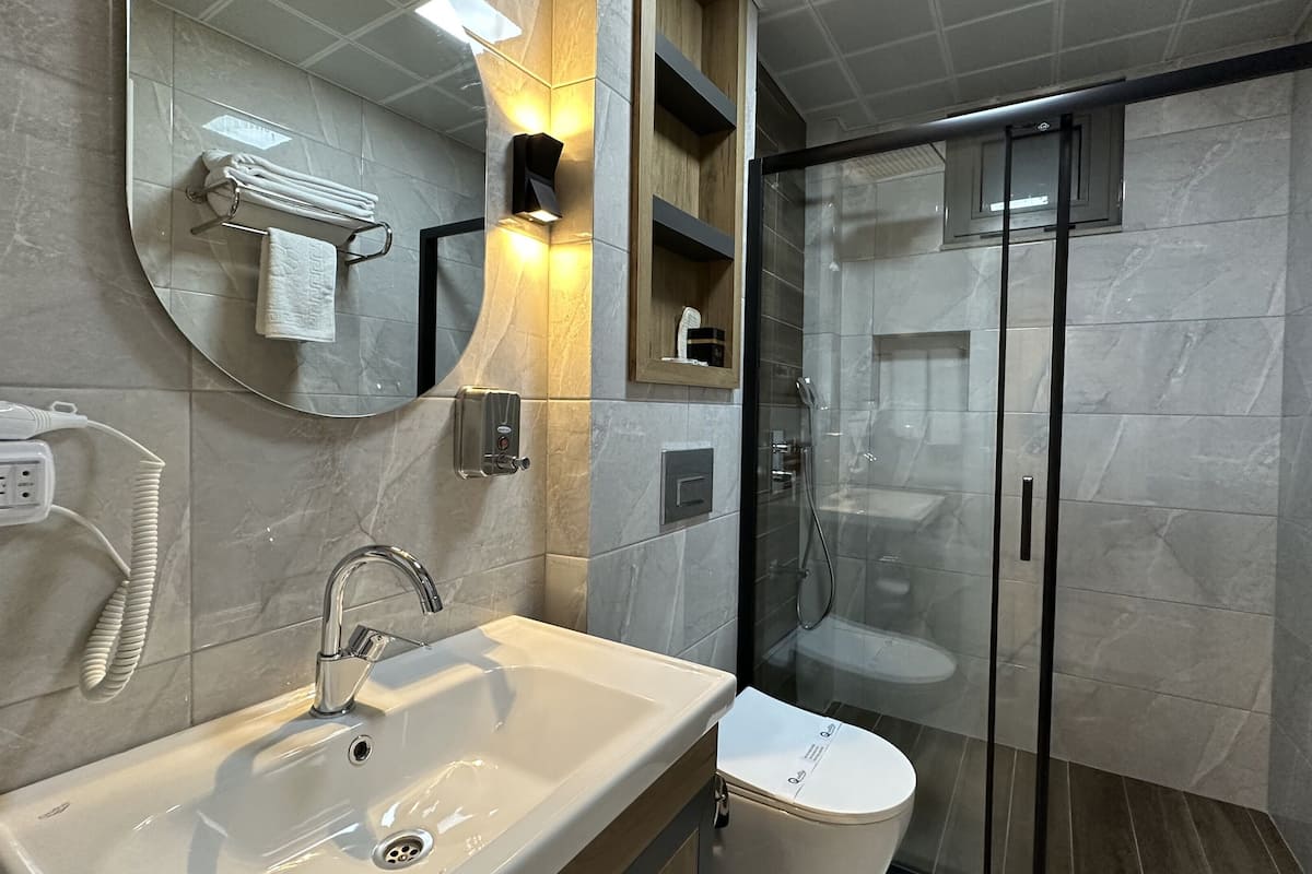 comfort room, 1 queen bed with sofa bed | bathroom | shower, free toiletries, hair dryer, slippers