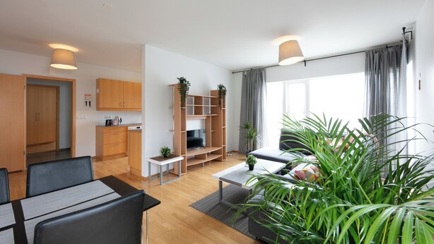 A modern living room with a flat-screen TV, wooden cabinets, a dining area, and a large window with curtains. - The Private Apartments (Borgarnes)