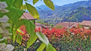Un paisaje montañoso con un puente, edificios de techo rojo y abundante vegetación.