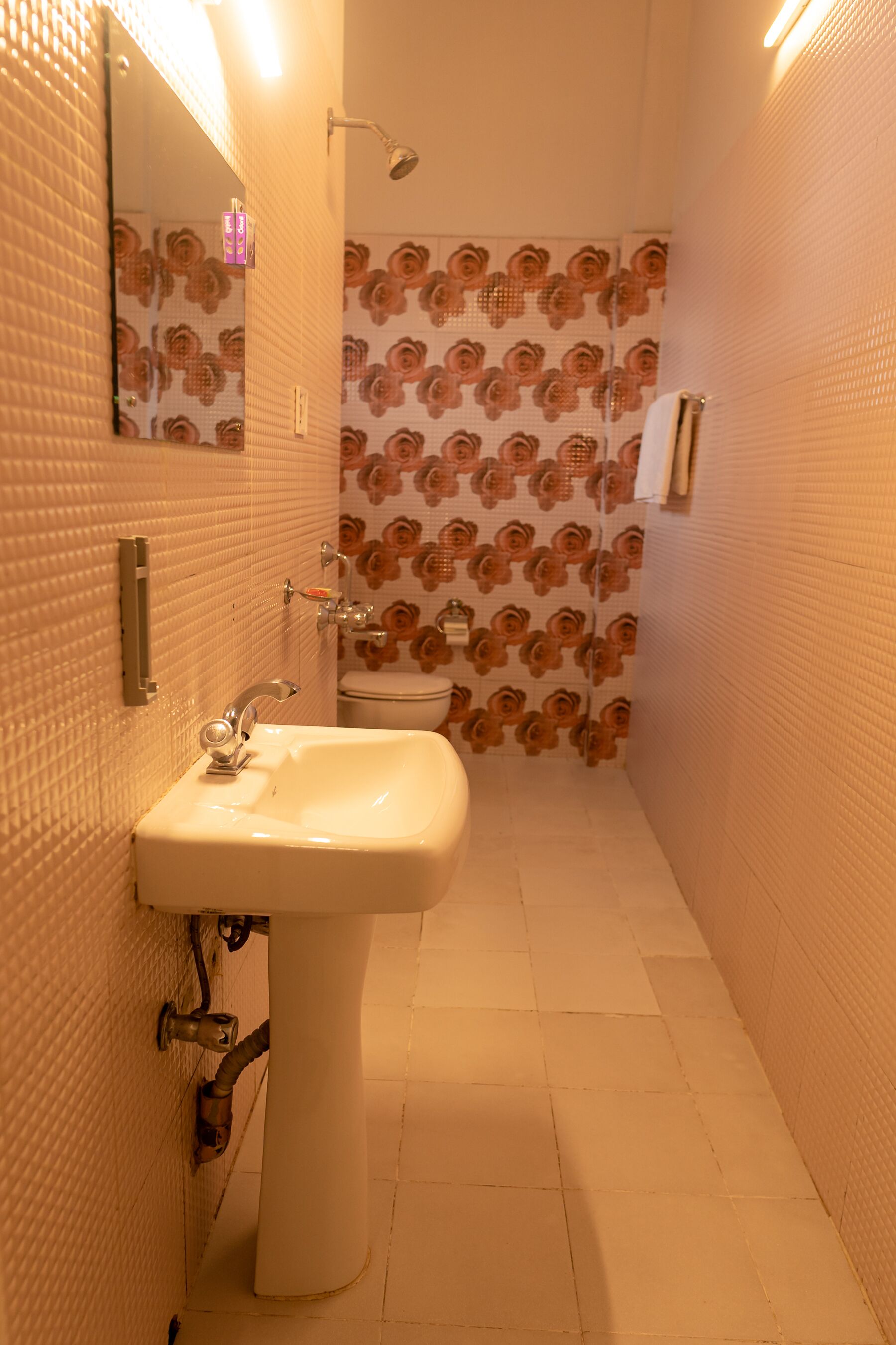 Un baño estrecho con un lavamanos blanco, un espejo y una ducha. Las paredes presentan un diseño de azulejos con motivos florales.