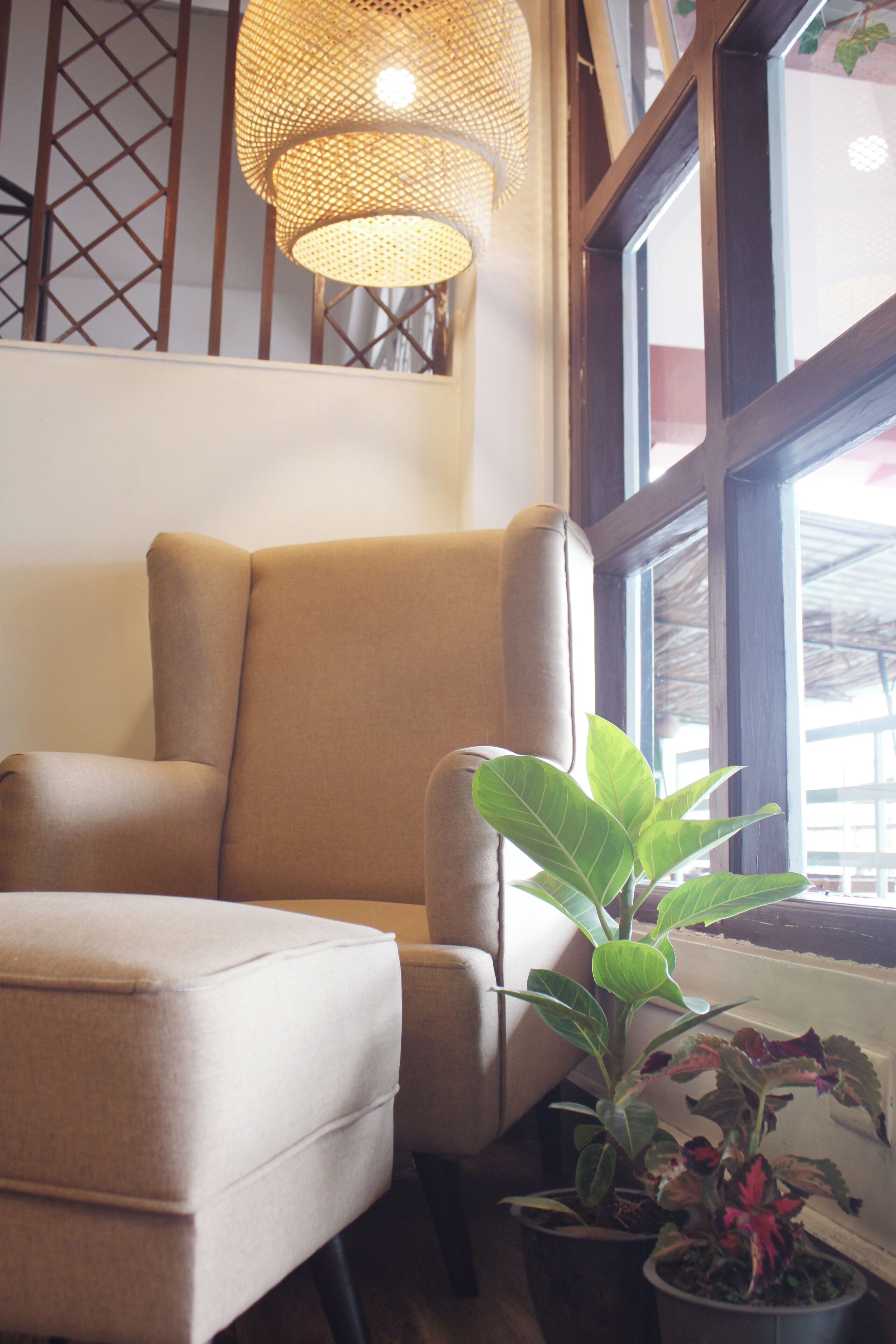Una habitación con un sillón color beige, una planta en maceta y una ventana con vistas al exterior.