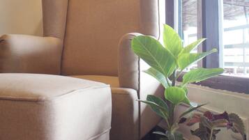 Una habitación con un sillón color beige, una planta en maceta y una ventana con vistas al exterior.