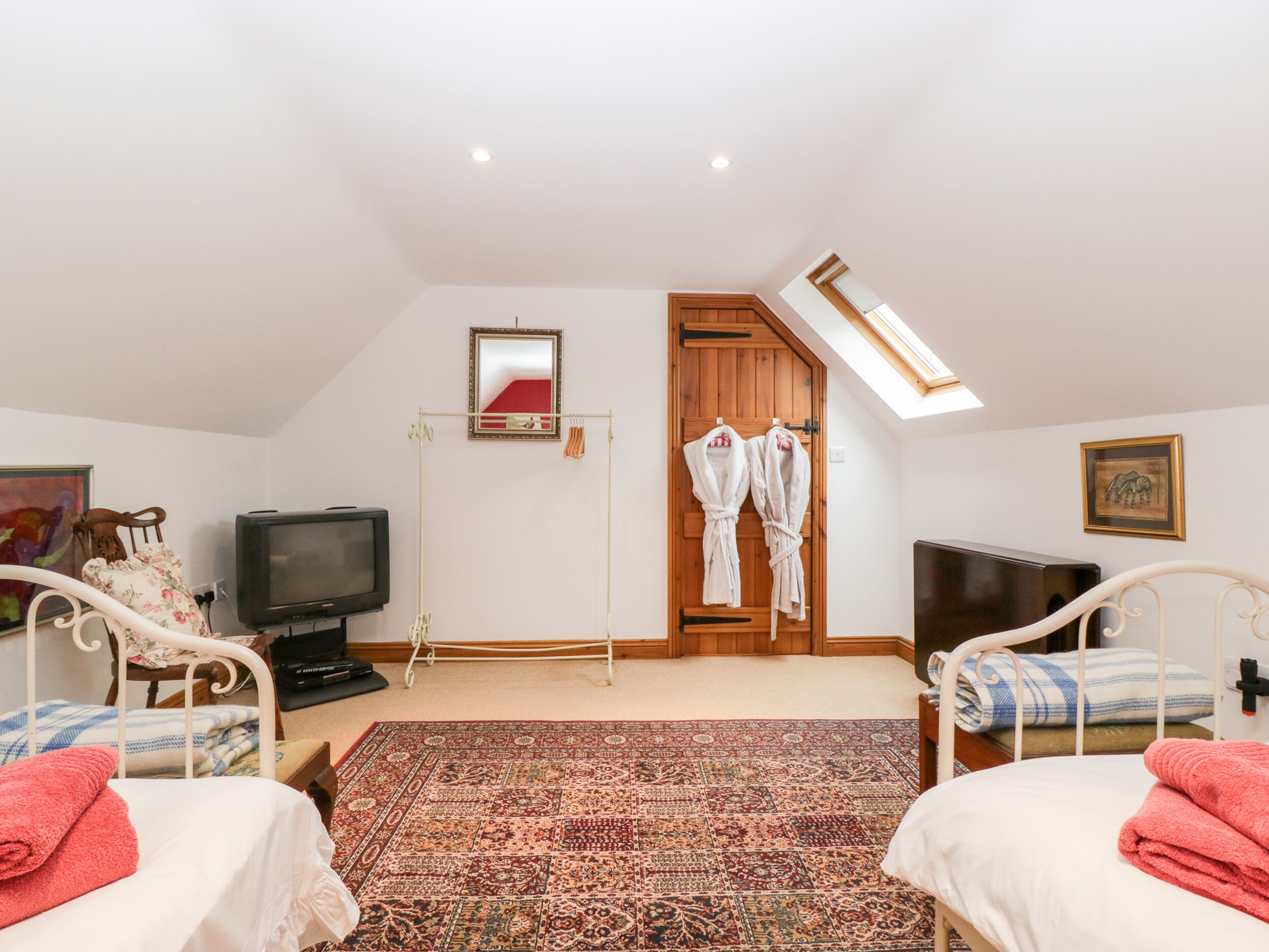 A bedroom with two beds, a television, a large rug, and a wooden door with a mirror above it.
