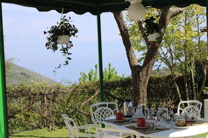 An outdoor dining area with white chairs and tables, surrounded by greenery and a tree. - Minicasa con ampio spazio verde attrezzato (massa lubrense)