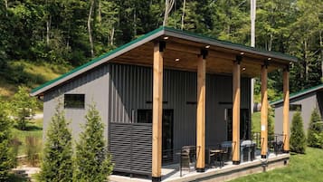A modern cabin with a covered patio, surrounded by lush greenery and trees.