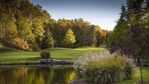 A serene golf course with a pond reflecting the trees, surrounded by a well-maintained lawn and a variety of shrubs. - Walk In Level, Family Friendly, Relaxing New Condo in Stonebridge Resort. (Branson West)