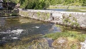 A stone bridge over a river with greenery and a stone wall on one side.
