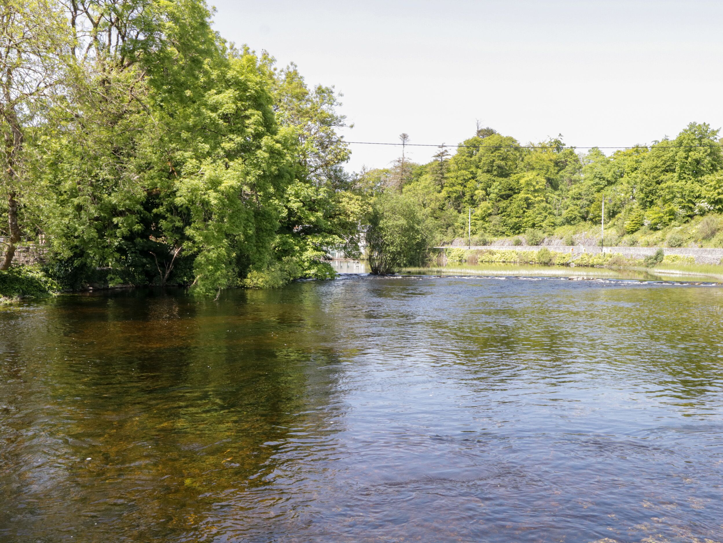 Une rivière dont les rives sont bordées d’une végétation luxuriante et verdoyante.
