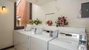 A laundry room with four white washing machines, a window with blinds, and two flower arrangements on the wall. - Loft in Yosemite National Park (Yosemite West)