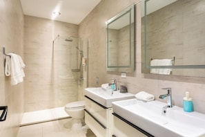 Shower, hair dryer, towels, soap
