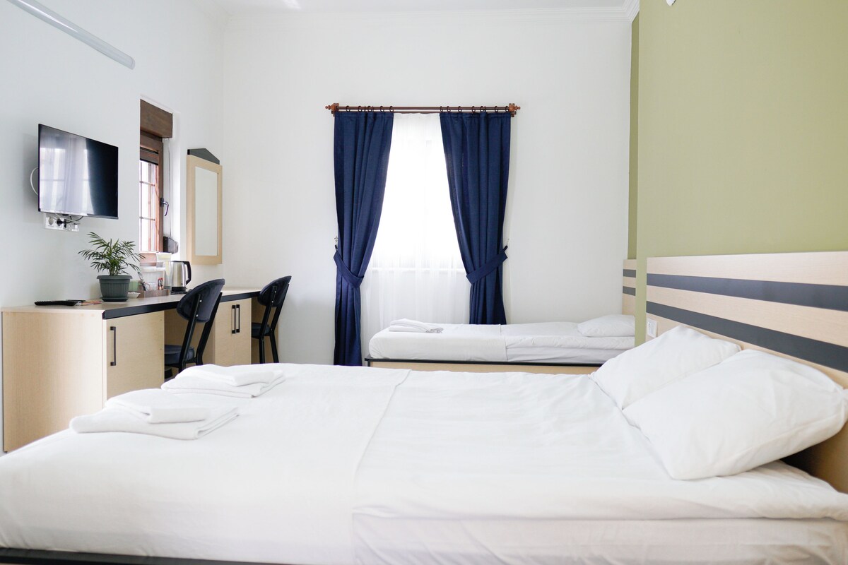 A hotel room with a bed, a desk with a chair, a television, and a window with curtains.