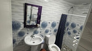 Une salle de bain avec un lavabo, des toilettes et une douche.