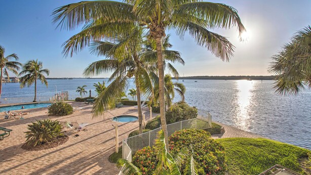 A pool area with palm trees, a pool, and a view of the water. - Best Views in St Pete for Dolphin Viewing (St. Petersburg)