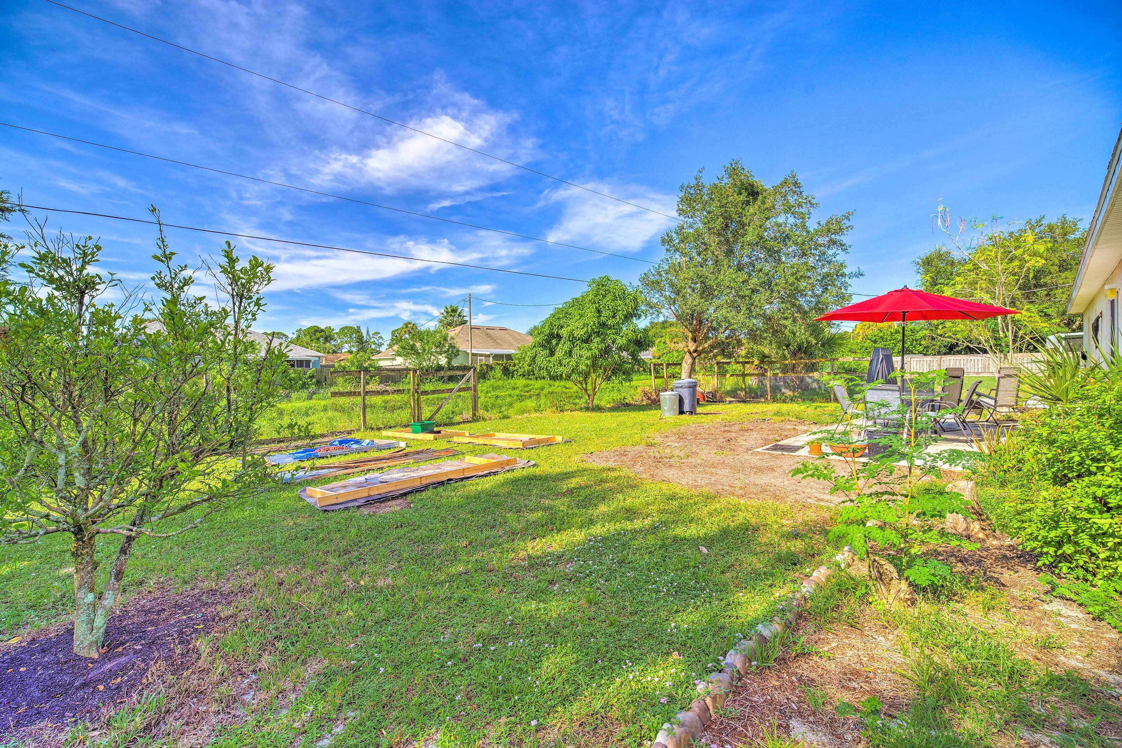 A backyard with a red umbrella, a wooden deck, and a small tree.