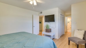 A bedroom with a bed, a ceiling fan, a TV, a plant, a chair, and a closet.
