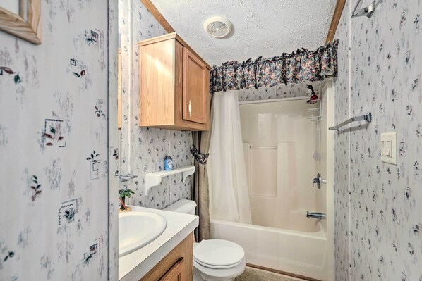 A bathroom with a toilet, sink, and bathtub. There is a wooden cabinet above the sink and a shower curtain above the bathtub. - Bright Steinhatchee Home: Proximity to Ocean! (Steinhatchee)