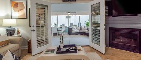 TV, fireplace, books