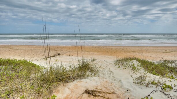A beach with sand dunes and sparse vegetation. - Cozy Ormond Beach Bungalow: Steps to the Sand (Ormond Beach)