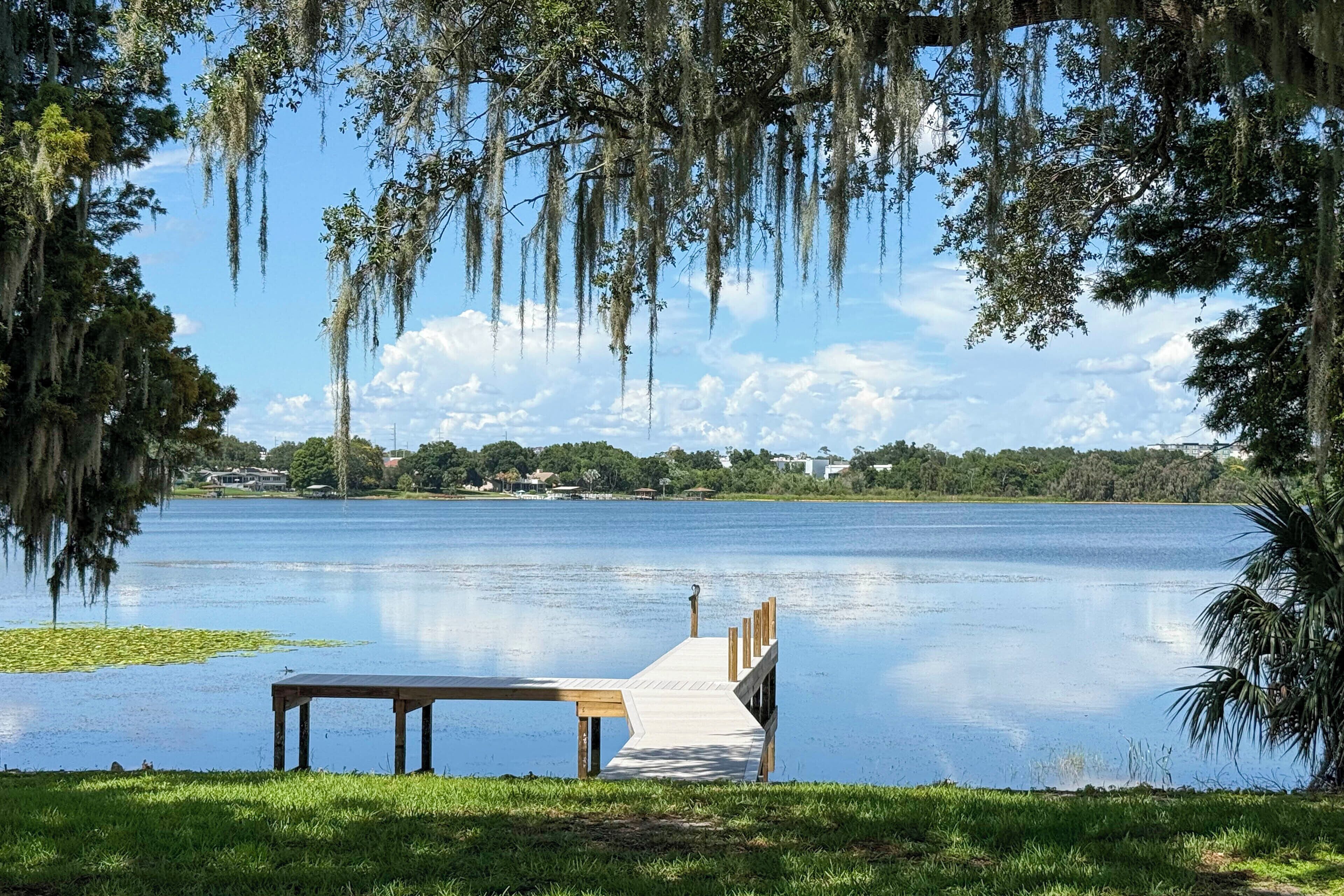 A lakeside view with a wooden dock extending into the water, surrounded by lush greenery and trees with hanging moss.