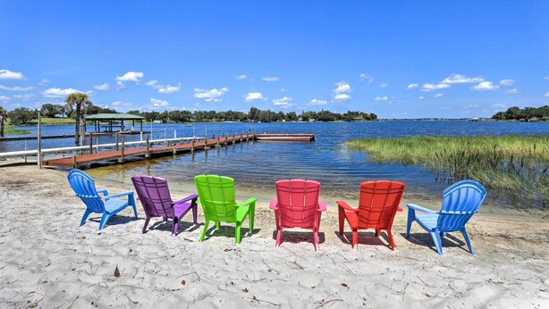 A beach with colorful Adirondack chairs facing a calm lake, a dock extending into the water, and a clear blue sky.