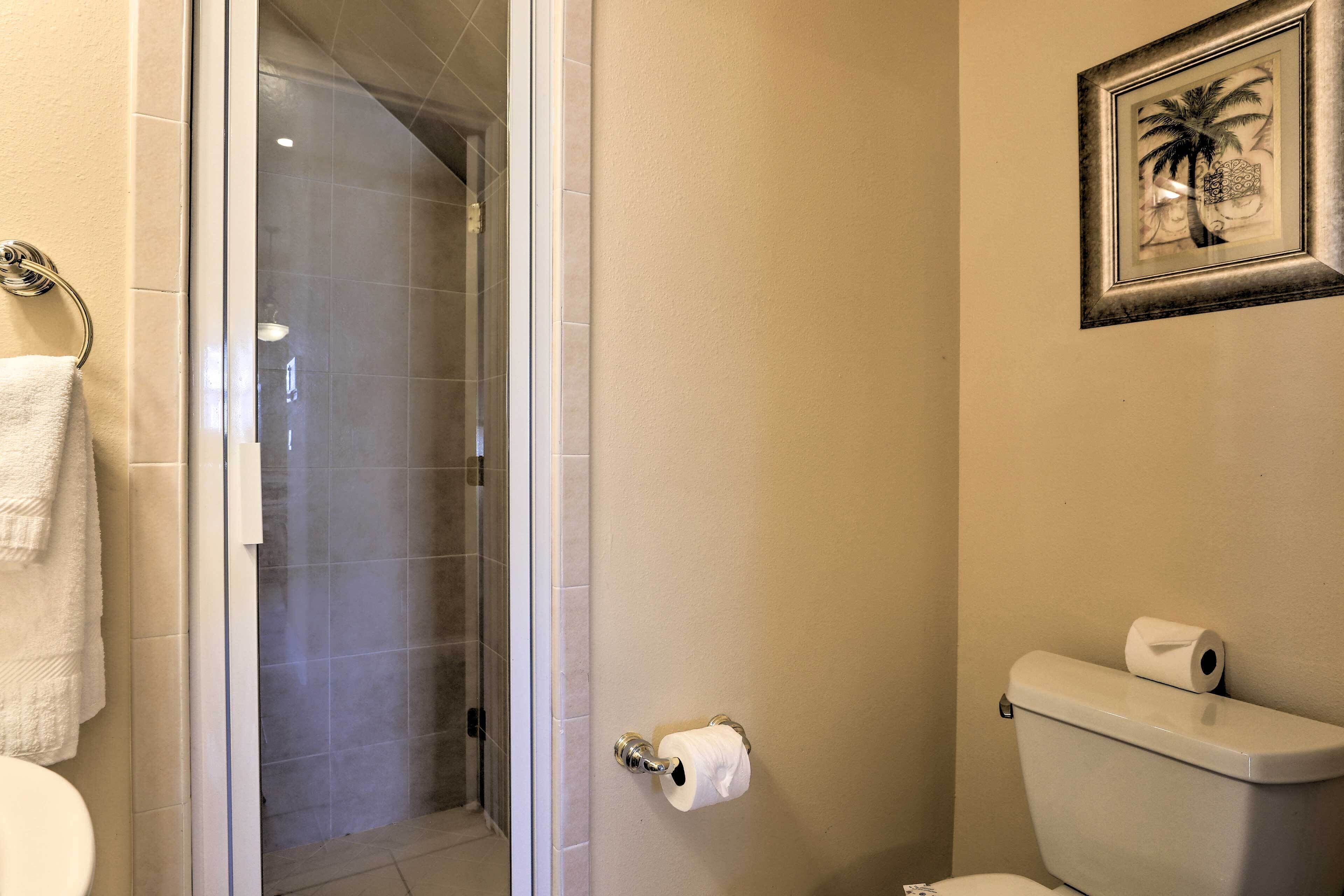 A bathroom with a toilet, a shower, and a framed picture on the wall.