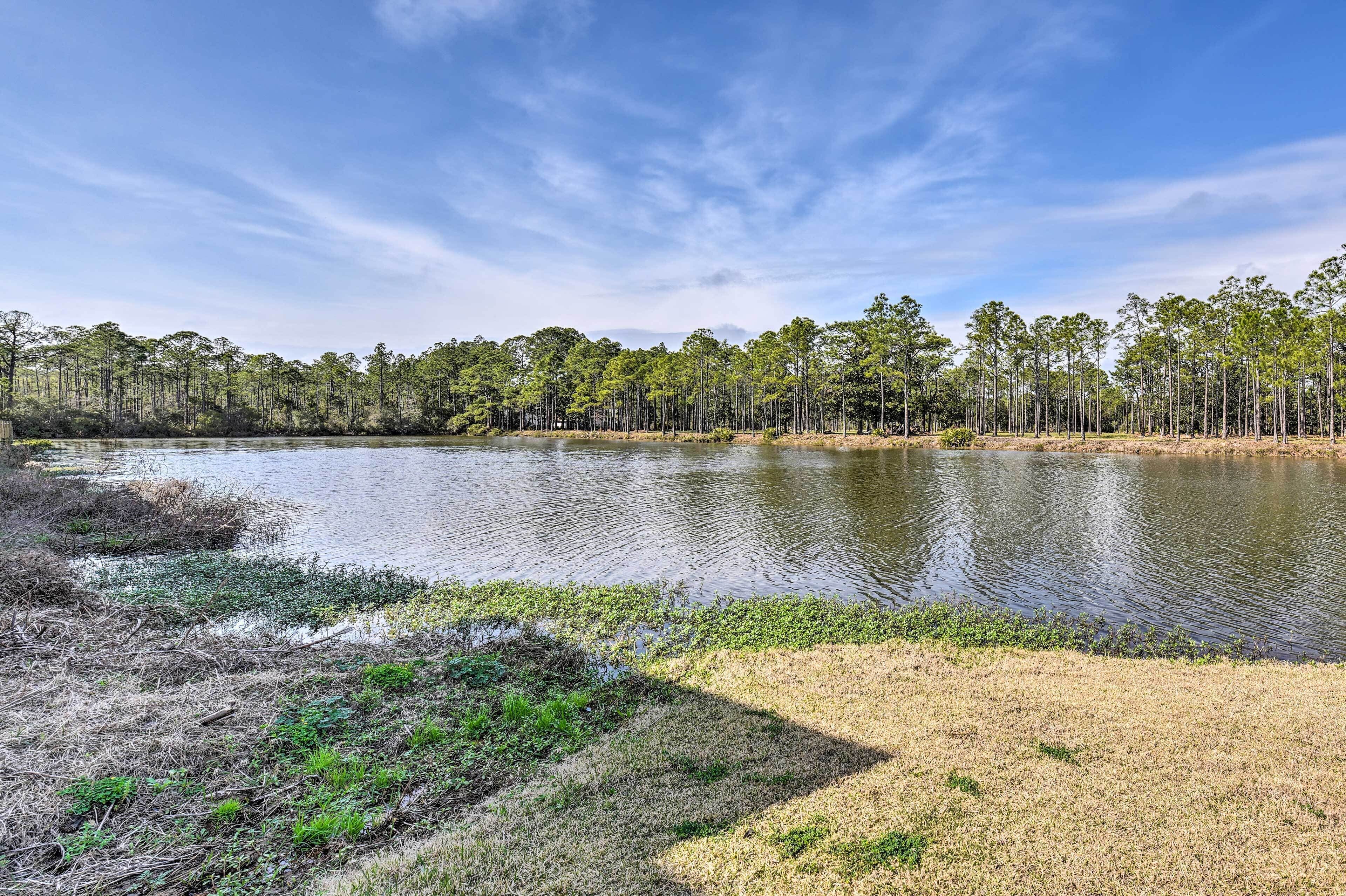 A calm lake with a forested shoreline and a clear sky.