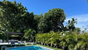 Une piscine d’un bleu éclatant, avec des chaises longues et des palmiers en arrière-plan.