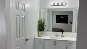 Une salle de bain avec une porte blanche, un lavabo surmonté d’un miroir et une petite plante posée sur le comptoir.