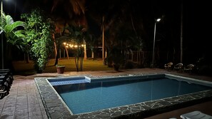 A swimming pool with stone tiles, surrounded by potted plants and chairs, under night lighting.