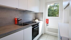 A modern kitchen with white cabinets, a double sink, a stove, and a window with a view of trees. - Cristal by Interhome (Saas-Fee)