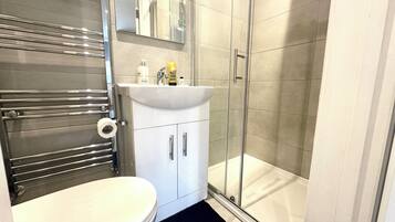 Hair dryer, towels, soap, toilet paper