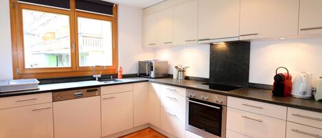 Fridge, dishwasher, cookware/dishes/utensils