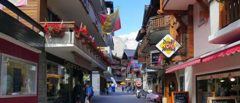 A narrow street lined with shops and restaurants, with flags and flower baskets hanging from the buildings.