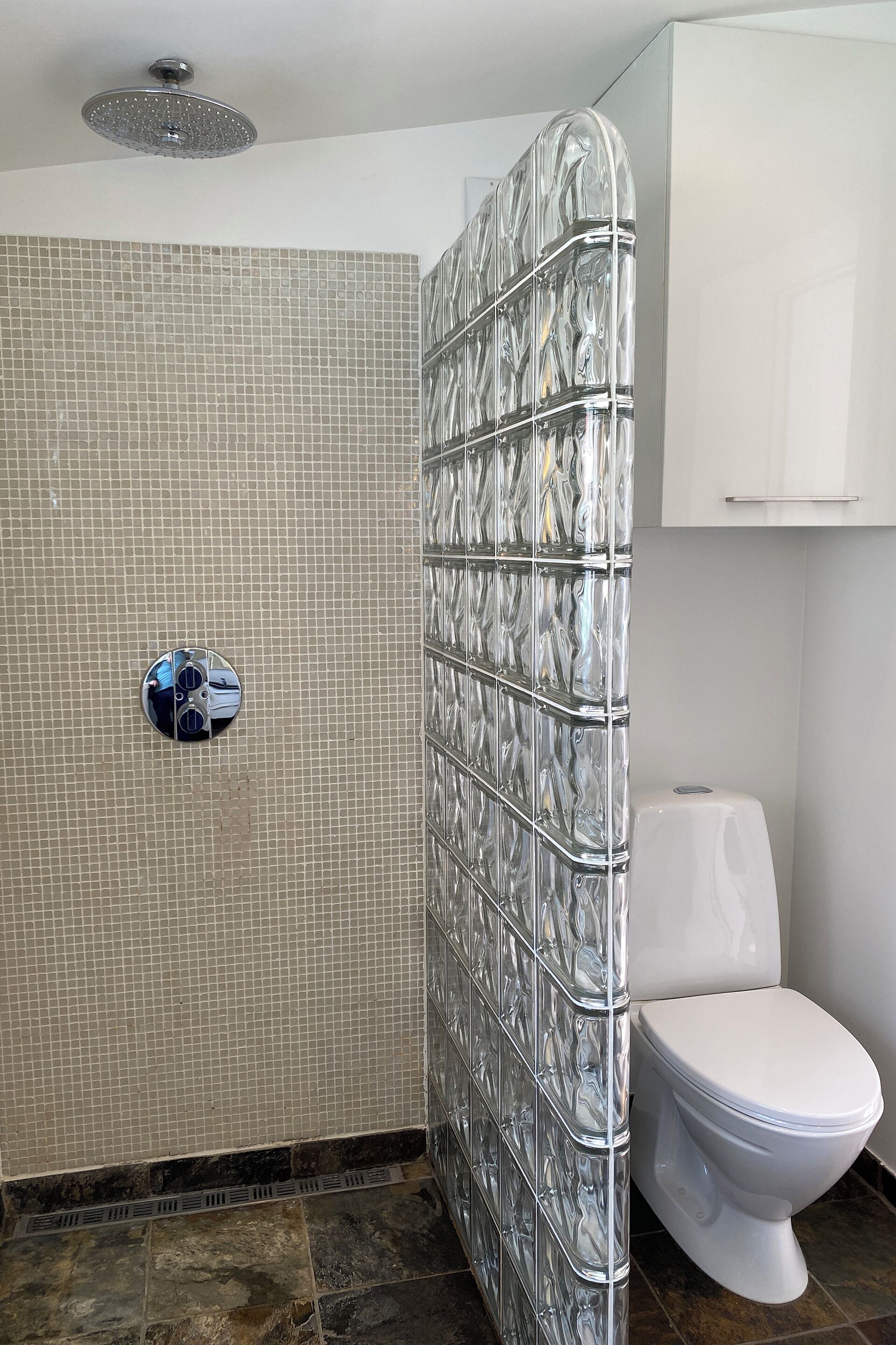 A bathroom with a tiled shower wall, a toilet, and a white cabinet.