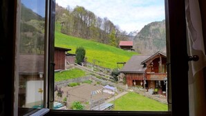 A view from a window of a building with a green hillside, wooden buildings, and a clear sky.