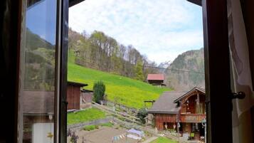 A view from a window of a building with a green hillside, wooden buildings, and a clear sky.