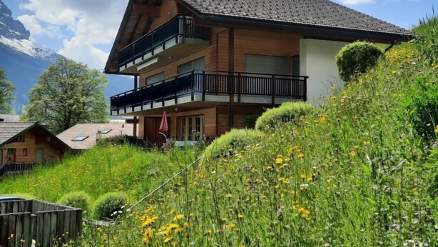 Eine zweigeschossige Holzhütte mit einem Balkon, umgeben von üppiger Vegetation und Wildblumen.