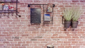 A brick wall with a chalkboard sign, a metal rack with books and a postcard, and two potted plants.