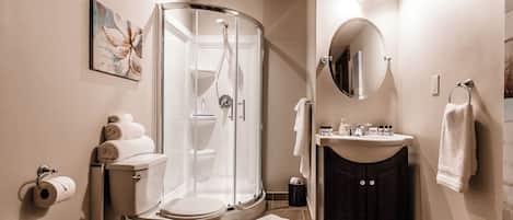 A modern bathroom with a glass-enclosed shower, a toilet, a sink, and a mirror.