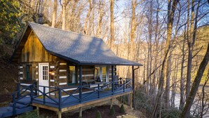 Une cabane en rondins avec un porche, entourée d’arbres.