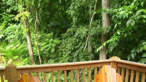 Two wooden Adirondack chairs on a wooden deck with a railing, surrounded by dense green foliage. - Charming cabin overlooking river Smoky mountains (Chuckey)