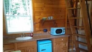 A compact kitchen with wooden cabinets, a blue dishwasher, a microwave, and a window with blinds. - Charming cabin overlooking river Smoky mountains (Chuckey)