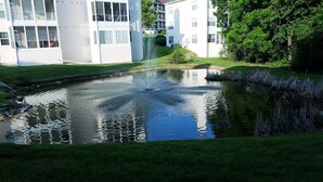 A tranquil pond with a fountain, surrounded by lush greenery and modern buildings. - Celebrate Branson (Branson)