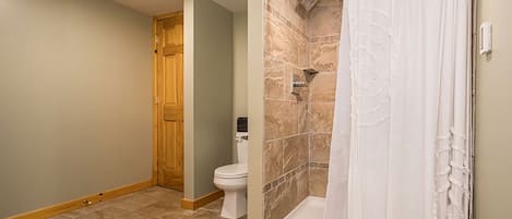 Un baño con ducha, inodoro y puerta de madera.