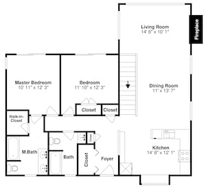 Grundriss eines Hauses mit Hauptschlafzimmer, zwei Schlafzimmern, Esszimmer, Küche, Eingangsbereich, begehbarer Kleiderschrank, Masterbad und Wohnzimmer.